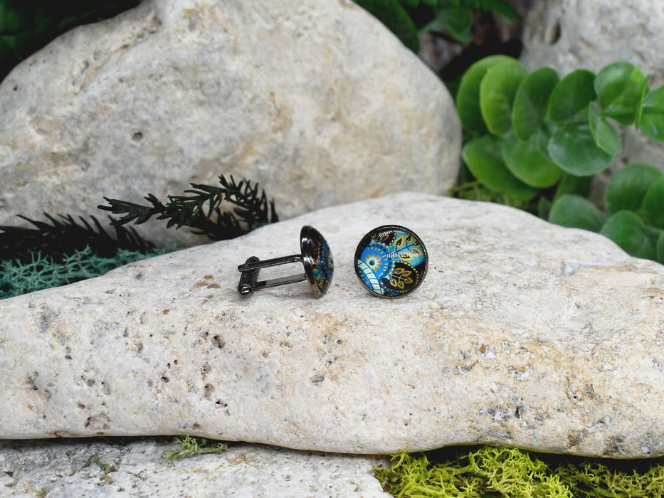 Black Steel Cufflinks with Abstract Glass #216