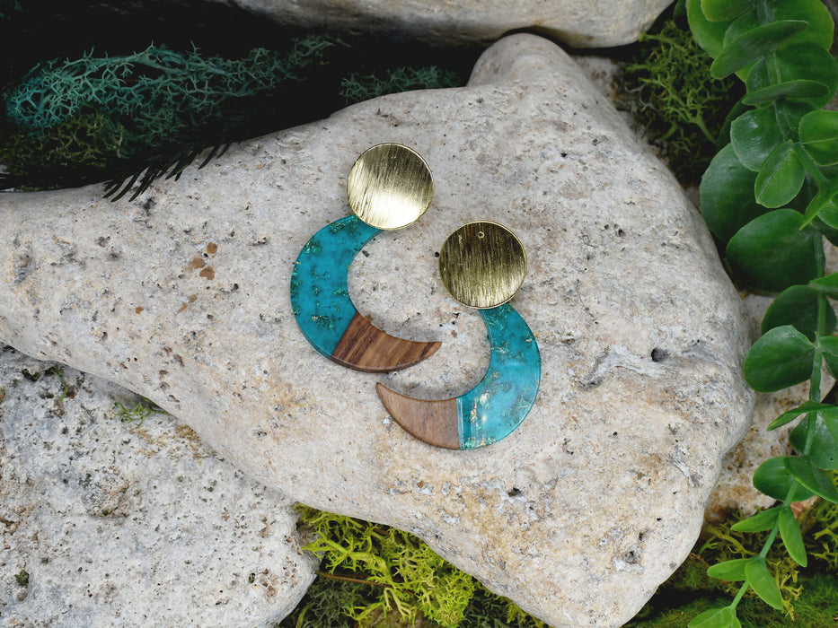Wood Dangle Earrings with Moon Resin #464
