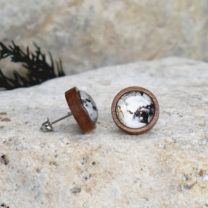 Wood Stud Earrings With Resin Cabochon #373