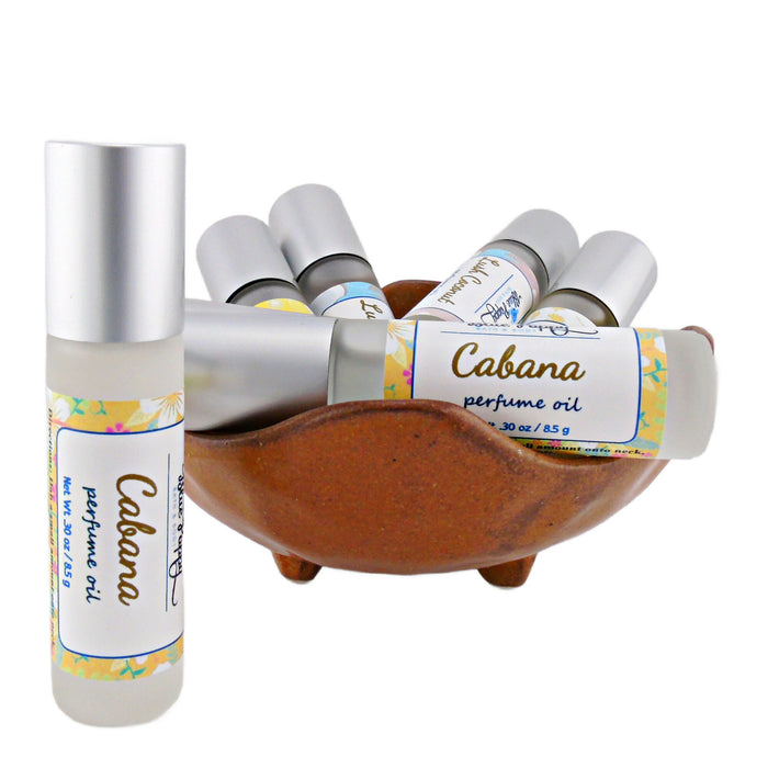 cabana perfume roll on bottle, beach scent, island getaway fragrance
