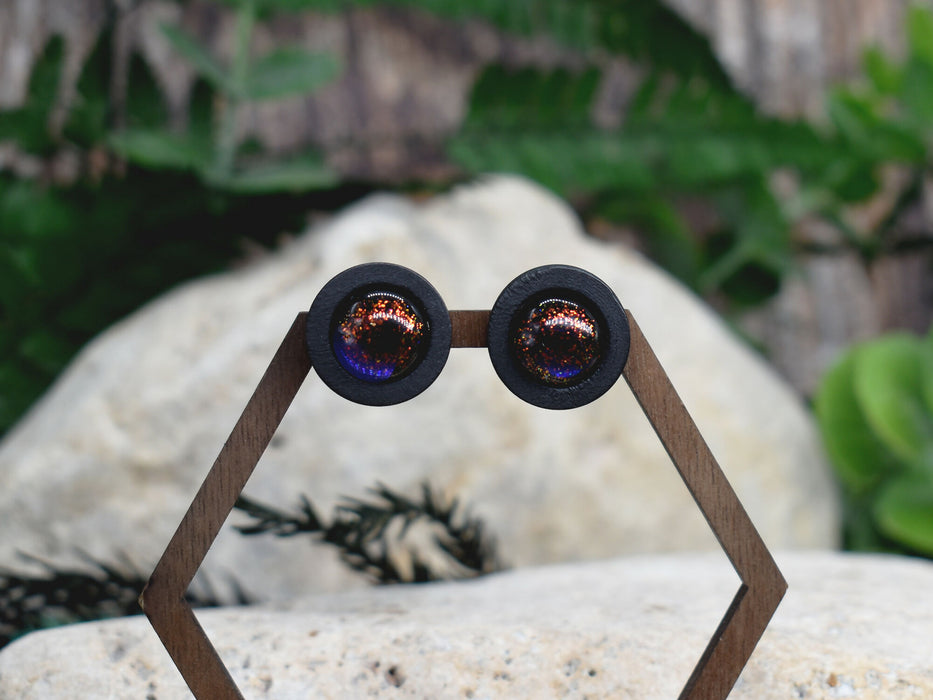 Wood Stud Earrings With Resin Chameleon Cabochon #239