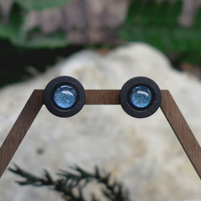 Wood Stud Earrings With Resin Chameleon Cabochon #234