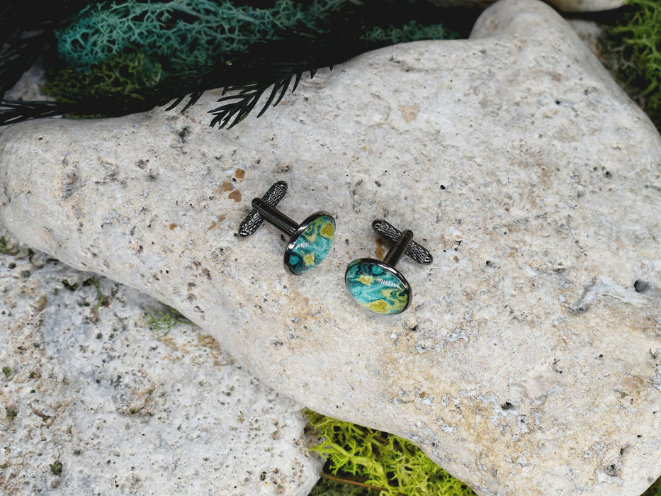 Black Steel Cufflinks with Abstract Glass #199