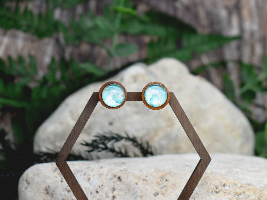 Wood Stud Earrings With Resin Cabochon #379