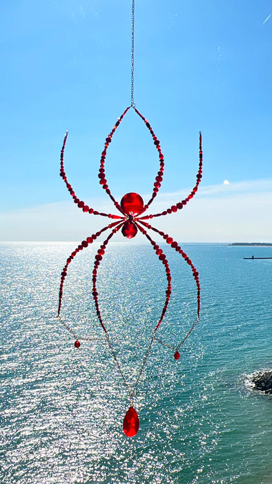 Crimson Web Beaded Spider Suncatcher