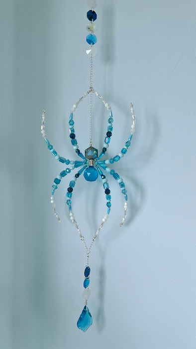 Sea Glass Spider – Blue & Aqua Beaded Spider Suncatcher