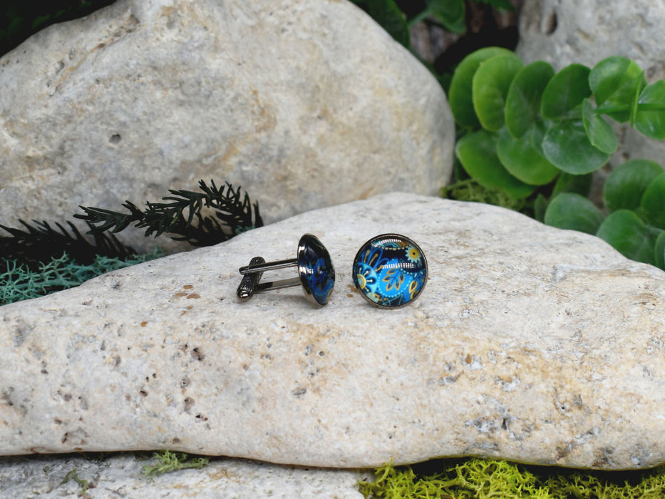 Black Steel Cufflinks with Abstract Glass #219
