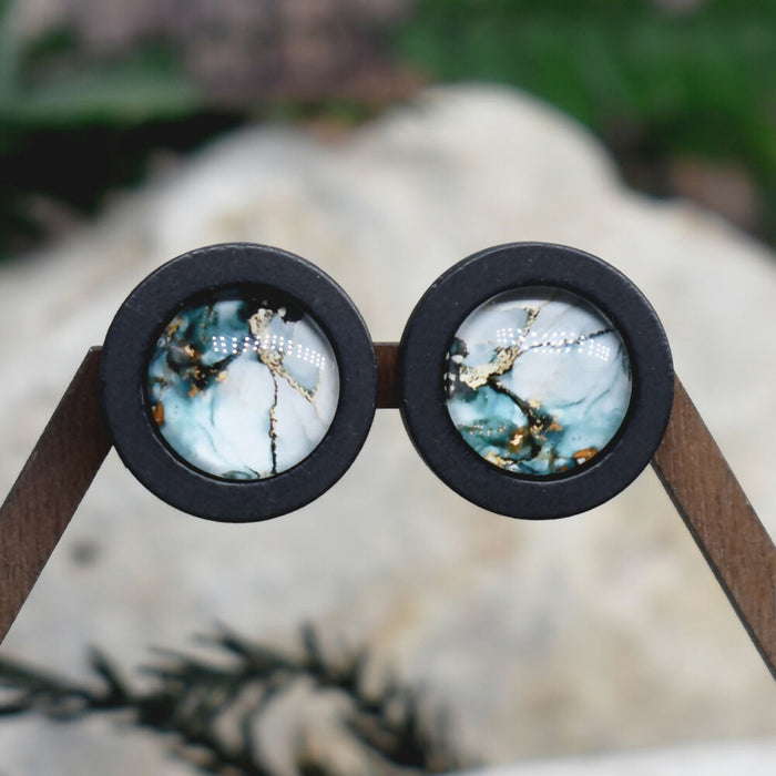 Wood Stud Earrings With Glass Cabochon #209