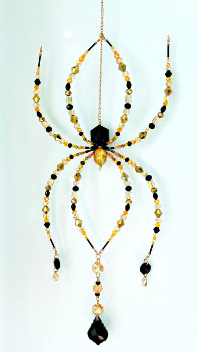 Gilded Shadow – Black & Gold Beaded Spider Suncatcher