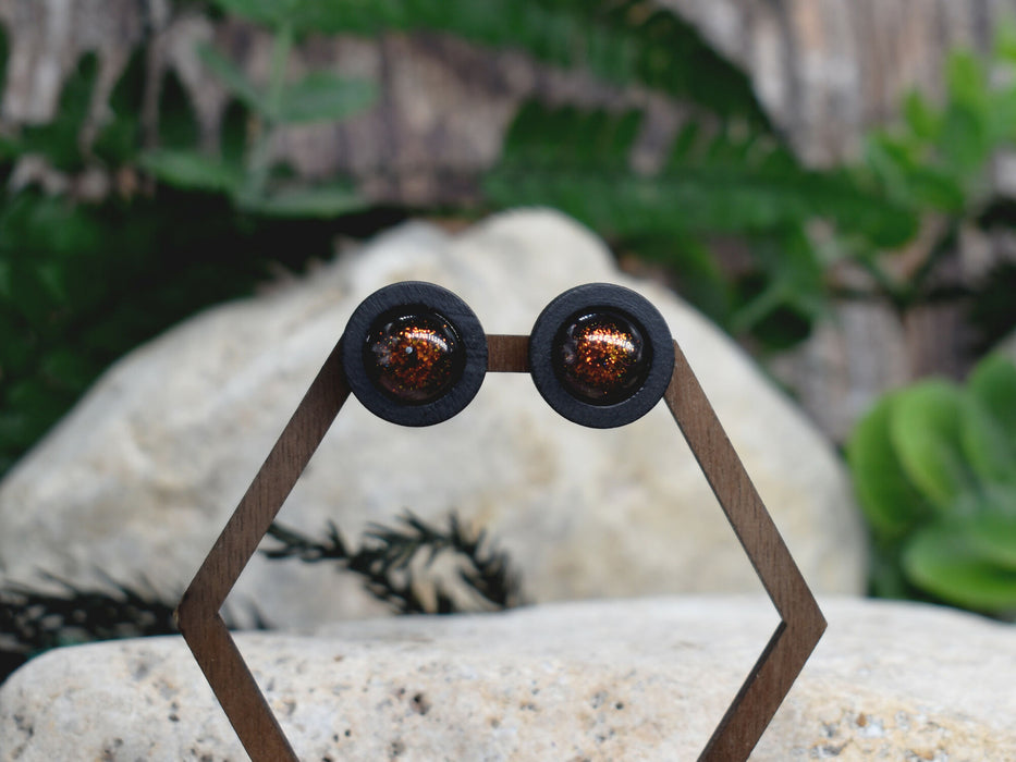 Wood Stud Earrings With Resin Chameleon Cabochon #238