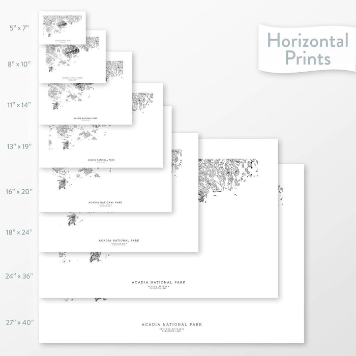 Available sizes for Acadia National Park topographic maps. 5x7, 8x10, 11x14, 16x20, 18x24, 24x36, and 27x40 posters shown. as black and white prints on a gray background.