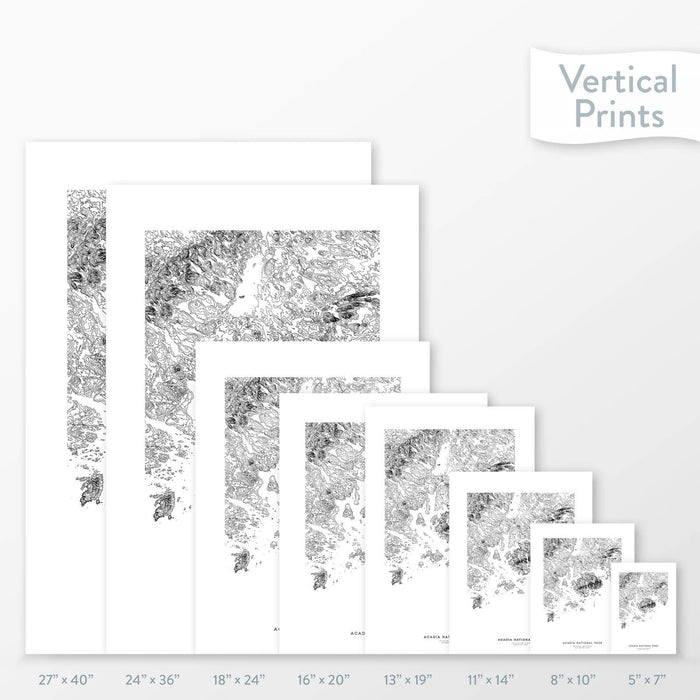 Available sizes for Acadia National Park topographic maps. 5x7, 8x10, 11x14, 16x20, 18x24, 24x36, and 27x40 posters shown. as black and white prints on a gray background.