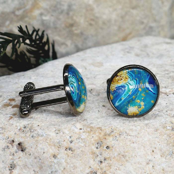 Black Steel Cufflinks with Abstract Glass #226