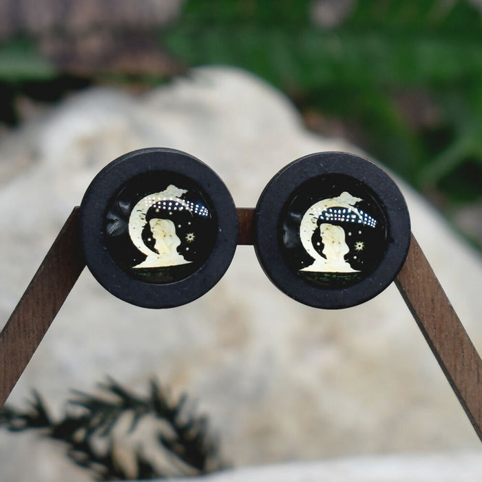 Wood Stud Earrings With Glass Cabochon #214