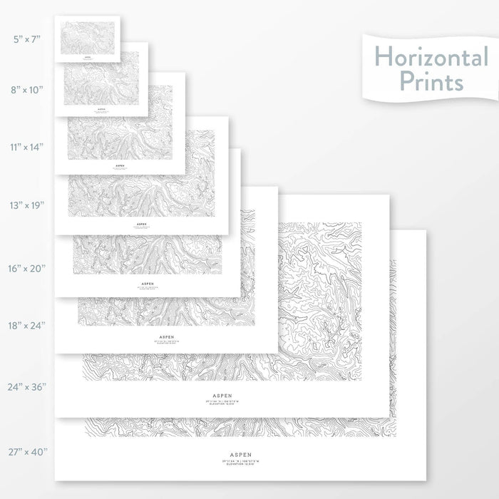 All sizes of horizontal prints for Aspen, Colorado ski area poster with topographic map.