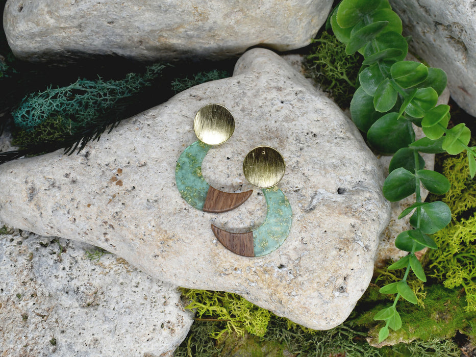 Wood Dangle Earrings with Moon Resin #465
