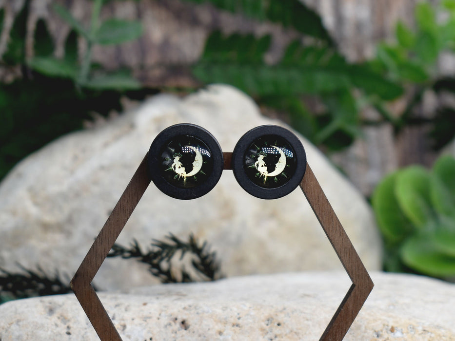 Wood Stud Earrings With Glass Cabochon #216