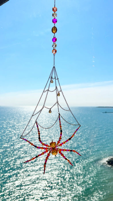 Sunset Spell Web – Beaded Spider Suncatcher