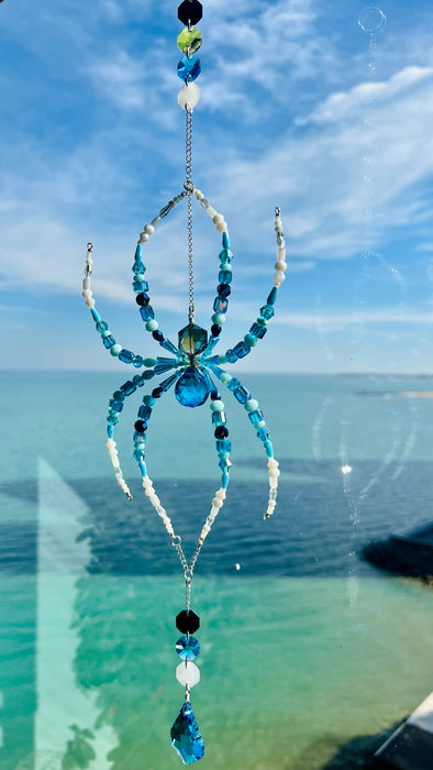 Sea Glass Spider – Blue & Aqua Beaded Spider Suncatcher