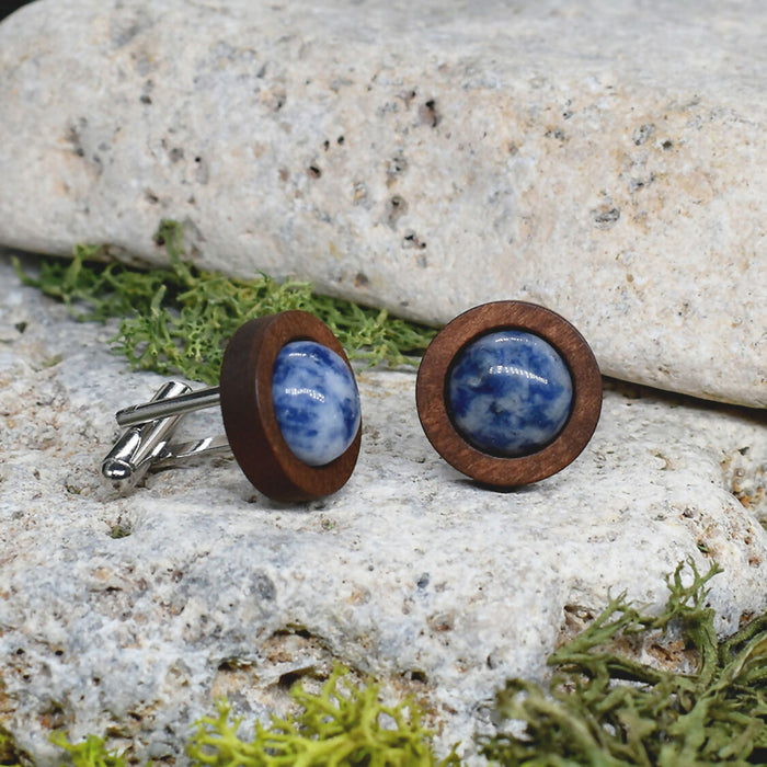 Wood Cufflinks with Blue Aventurine Stone #45