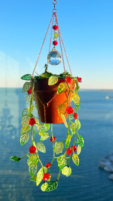 Floral Leafy ‘Forever’ Plant Suncatcher with Glass Prisms & Spinner