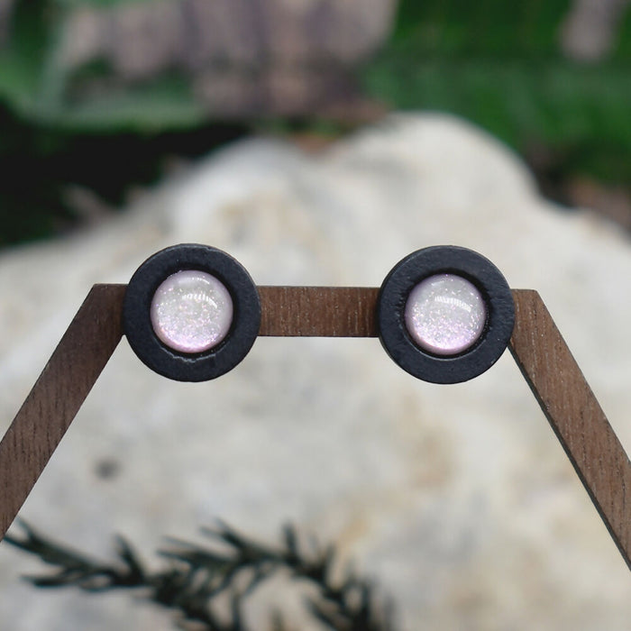 Wood Stud Earrings With Resin Chameleon Cabochon #227