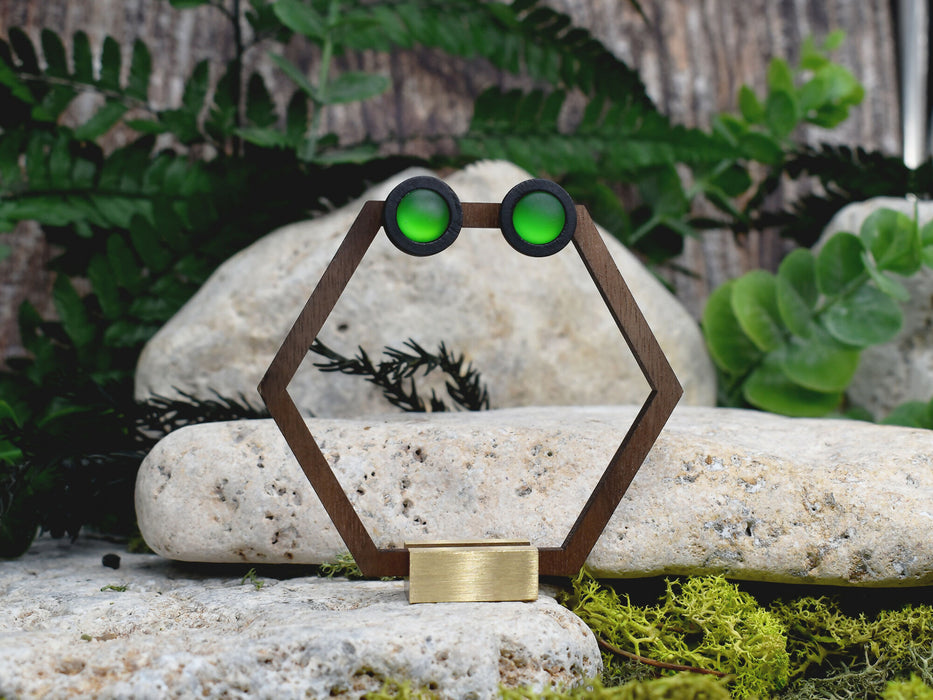 Wood Stud Earrings With Resin Chameleon Cabochon #241