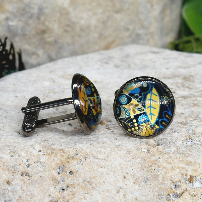 Black Steel Cufflinks with Abstract Glass #213