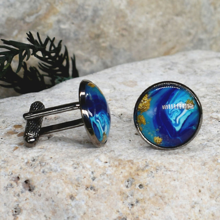 Black Steel Cufflinks with Abstract Glass #228