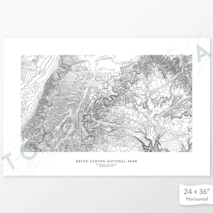 Map wall decor of Bryce Canyon National Park with modern map art in black and white.