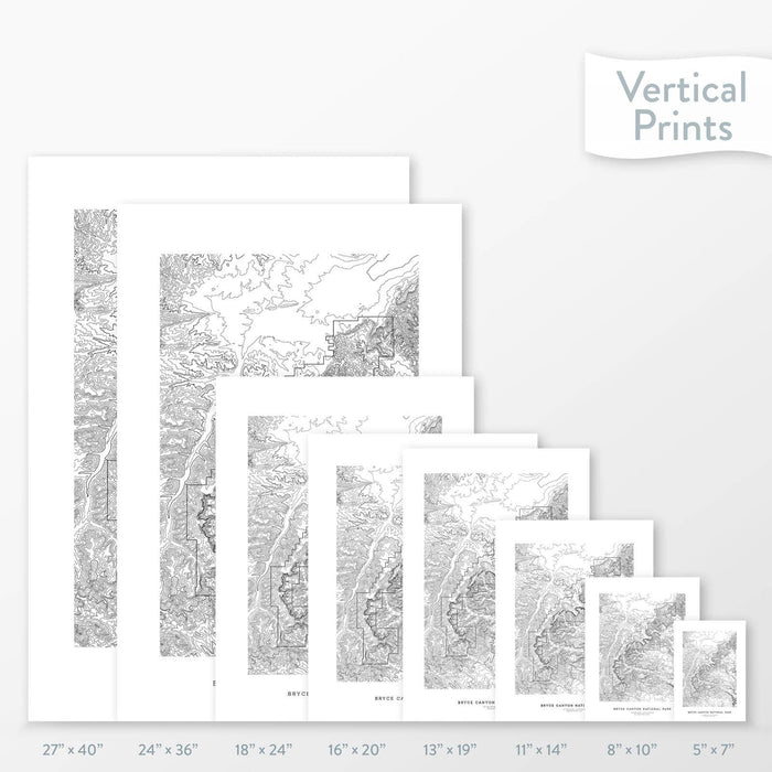 Available sizes for Bryce Canyon National Park topographic maps. 5x7, 8x10, 11x14, 16x20, 18x24, 24x36, and 27x40 posters shown. as black and white prints on a gray background.