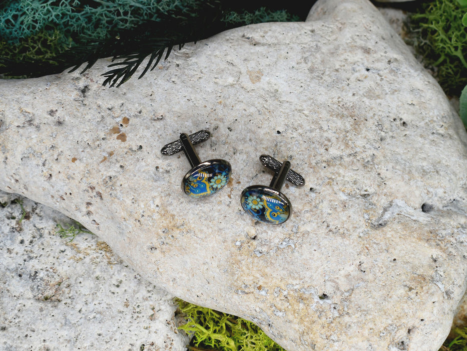 Black Steel Cufflinks with Abstract Glass #214