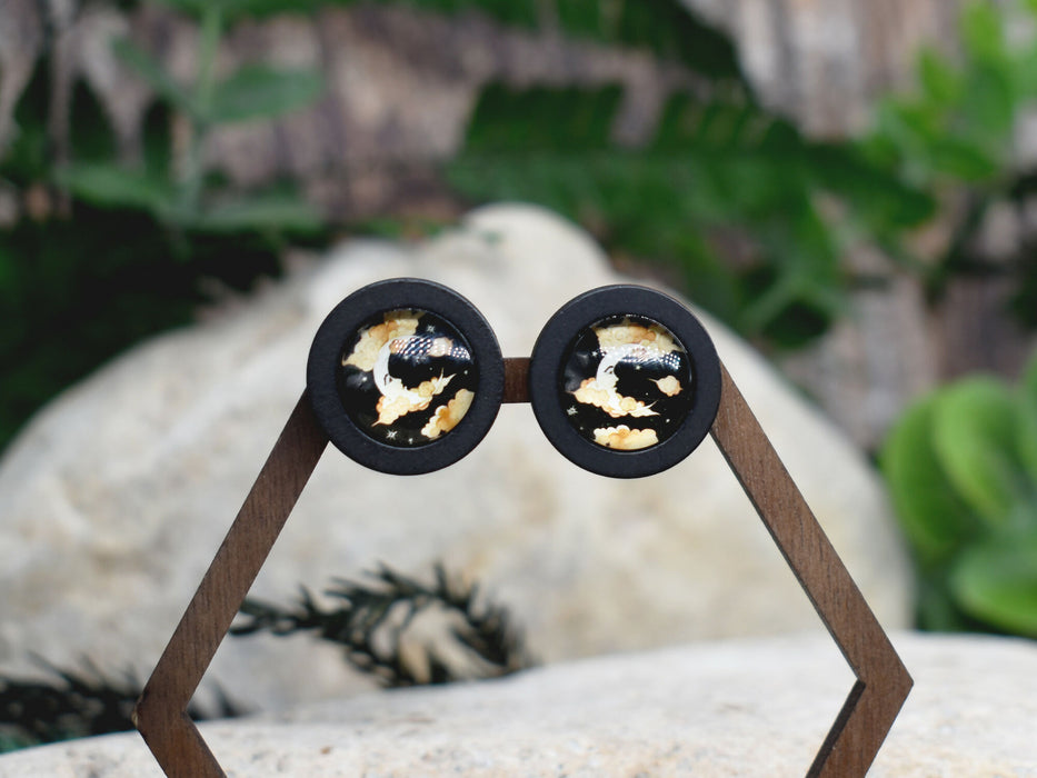 Wood Stud Earrings With Glass Moon Cabochon #172