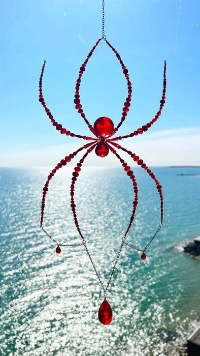 Crimson Web Beaded Spider Suncatcher