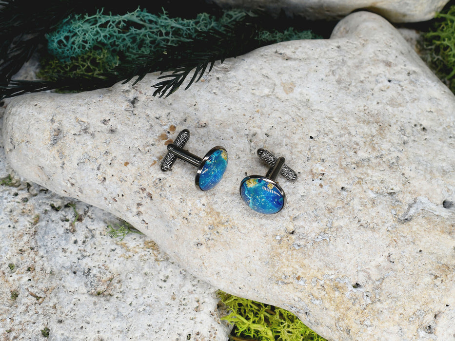 Black Steel Cufflinks with Abstract Glass #231