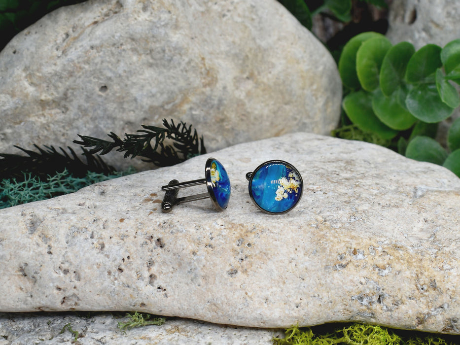 Black Steel Cufflinks with Abstract Glass #229