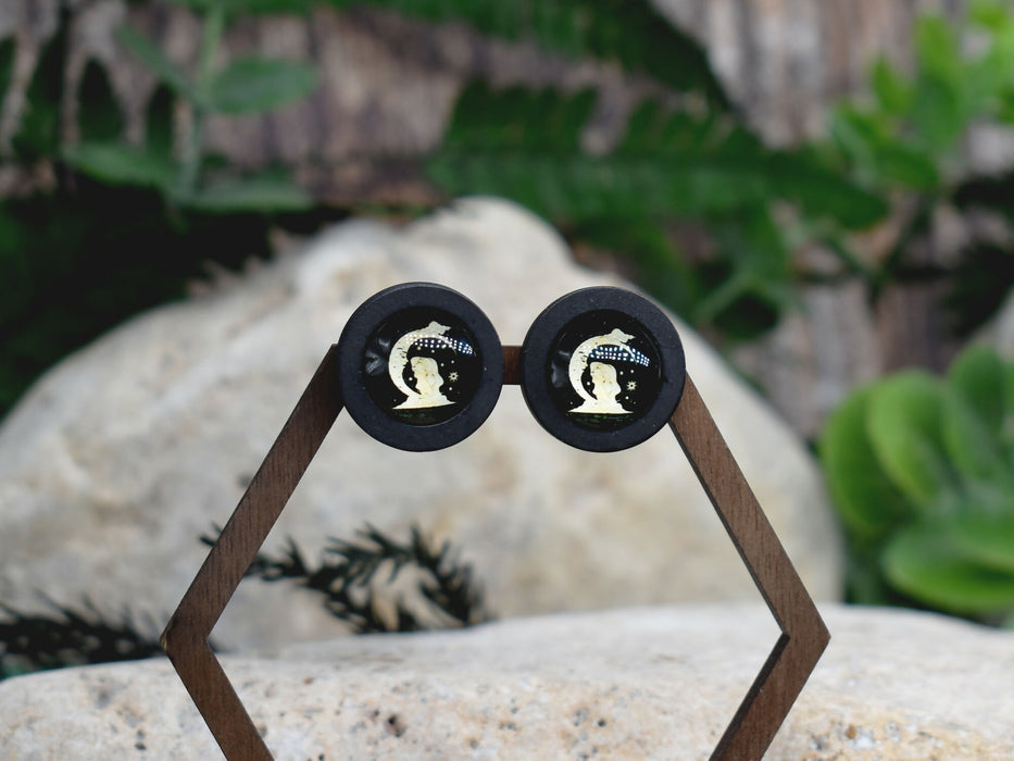 Wood Stud Earrings With Glass Cabochon #214