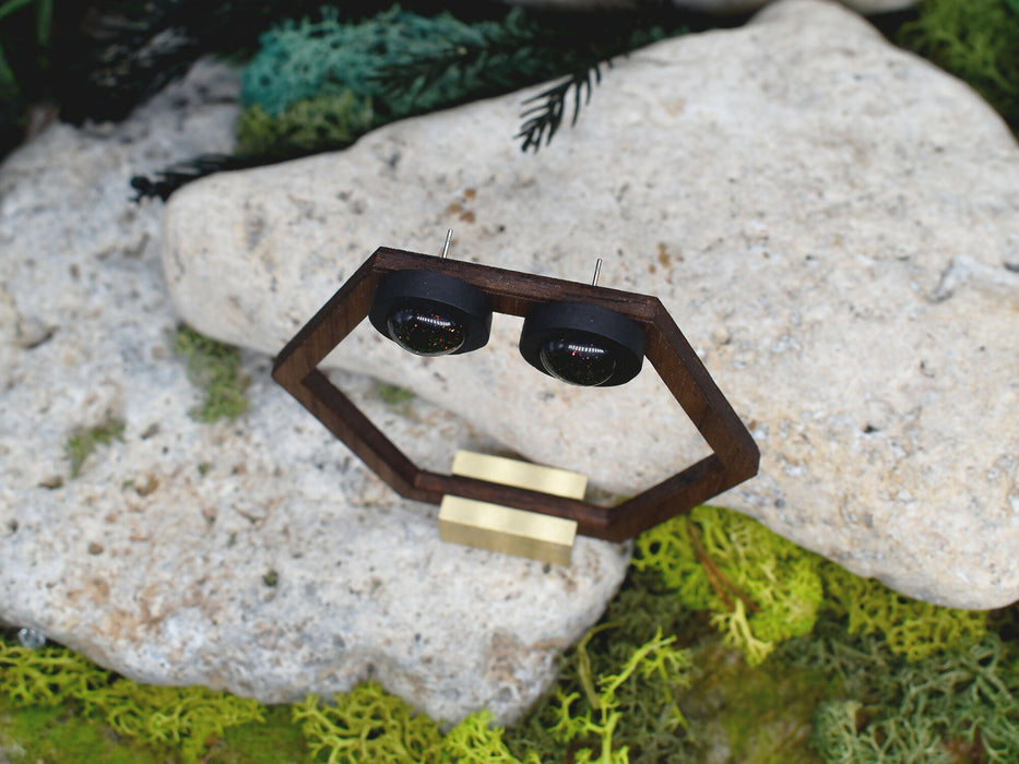 Black Wood Stud Earrings With Resin Chameleon Cabochons #137