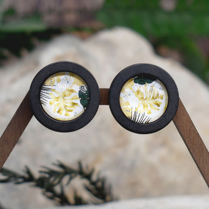 Wood Stud Earrings With Glass Cabochon #201