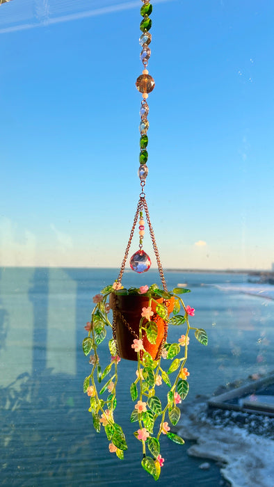 Floral Leafy ‘Forever’ Plant Suncatcher with Glass Prisms & Spinner