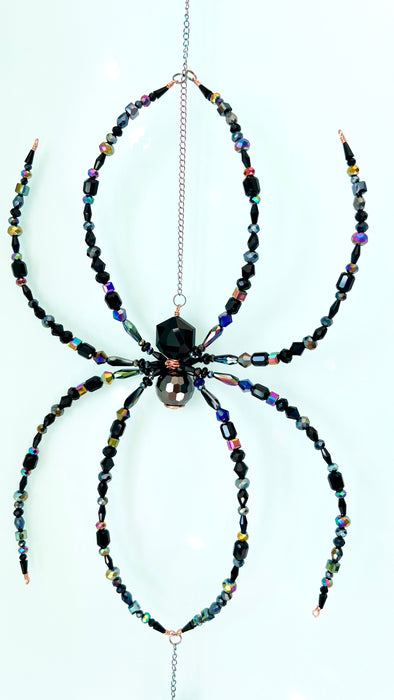 Midnight Prism – Black Rainbow Beaded Spider Suncatcher