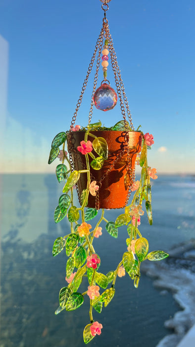 Floral Leafy ‘Forever’ Plant Suncatcher with Glass Prisms & Spinner