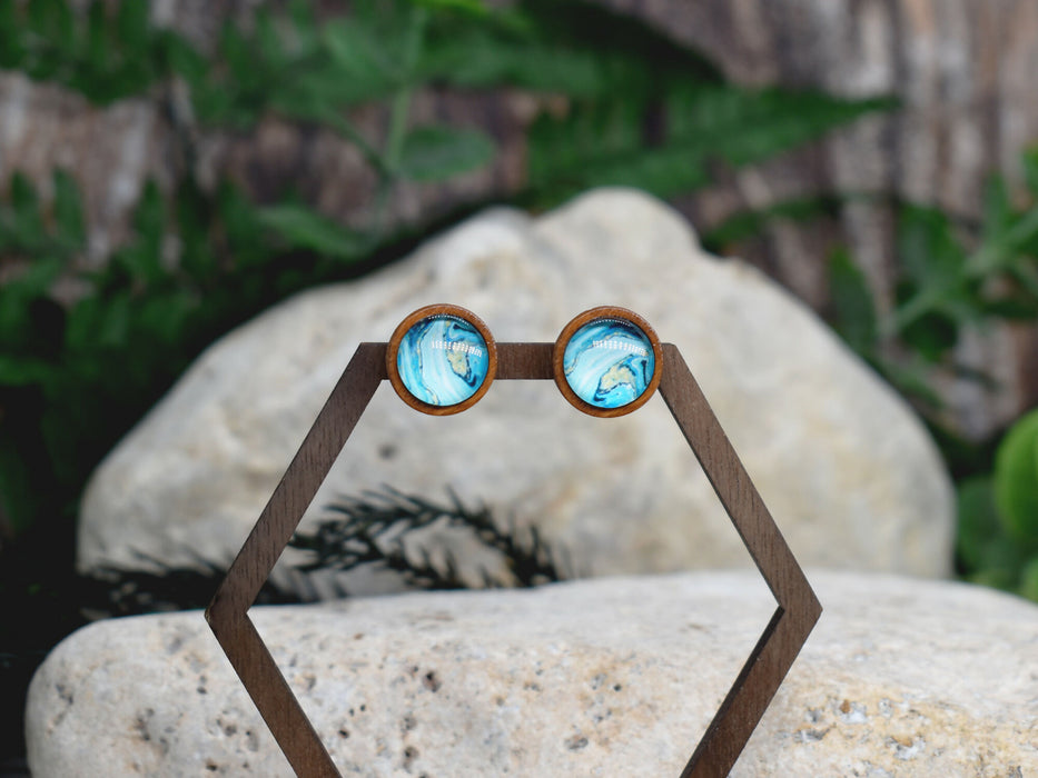Wood Stud Earrings With Resin Cabochon #381