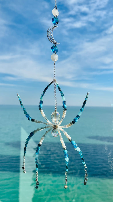 Moonlit Tide Spider – Blue Celestial Beaded Suncatcher