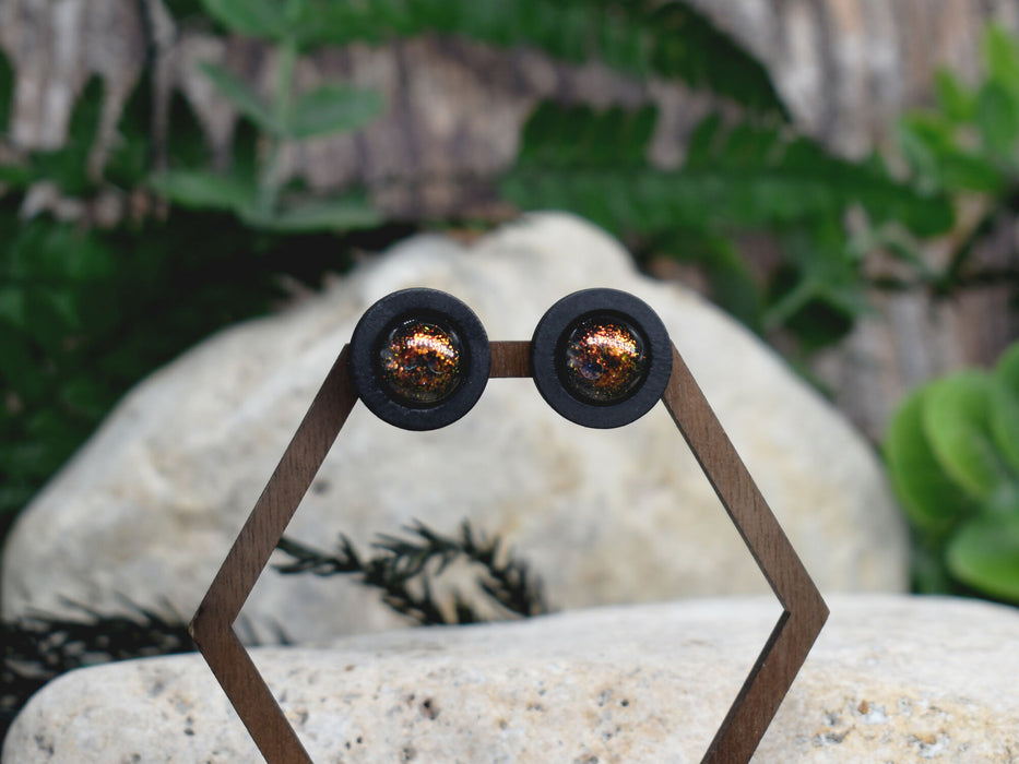 Wood Stud Earrings With Resin Chameleon Cabochon #229