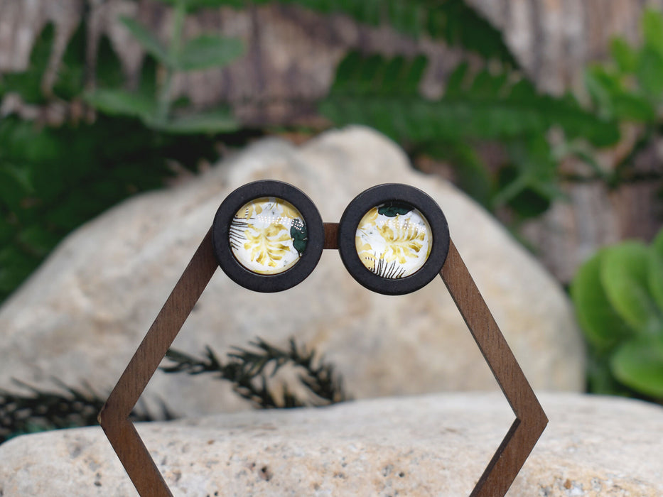 Wood Stud Earrings With Glass Cabochon #201