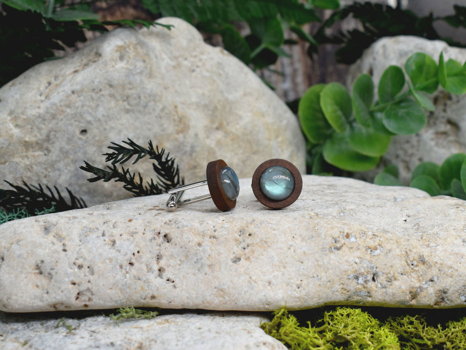 Wood Cufflinks with Labradorite Stone #178