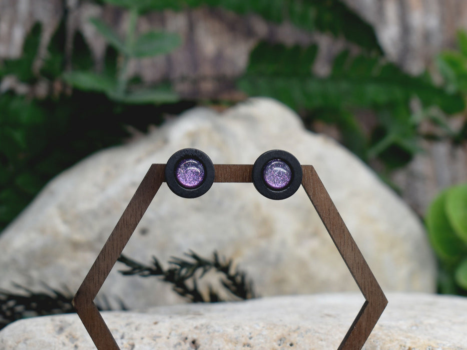 Wood Stud Earrings With Resin Chameleon Cabochon #233