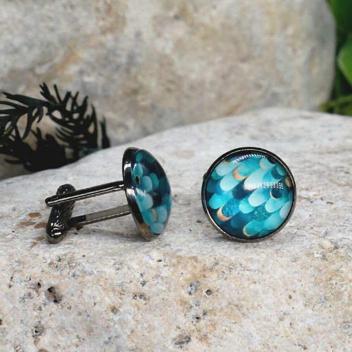 Black Steel Cufflinks with Abstract Glass #194