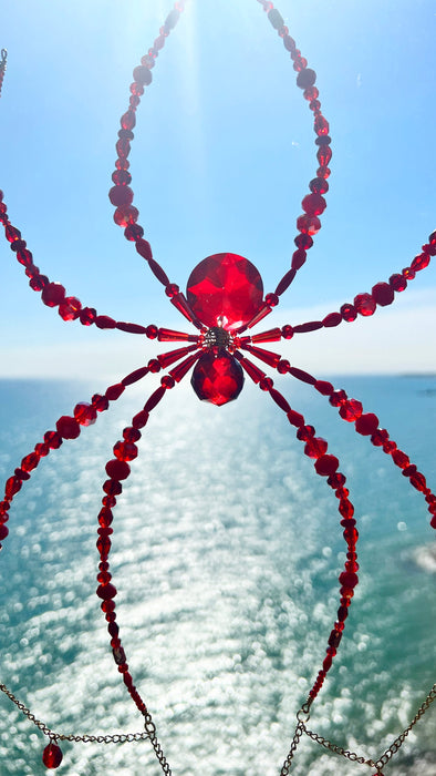 Crimson Web Beaded Spider Suncatcher